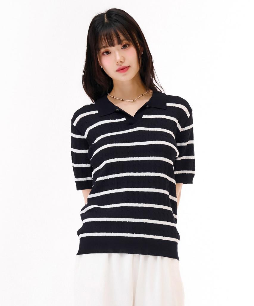 CHASECULT Women'S Striped Open Collar Short Sleeve Sweater - Navy