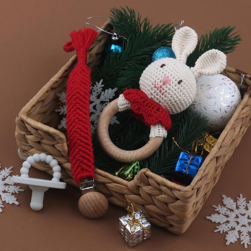 Pacifier Holder Teething Toy Set for Infant for Play Cartoon Crochet Cute Shower Gift Newborn Gift Nursing Pendant Toy