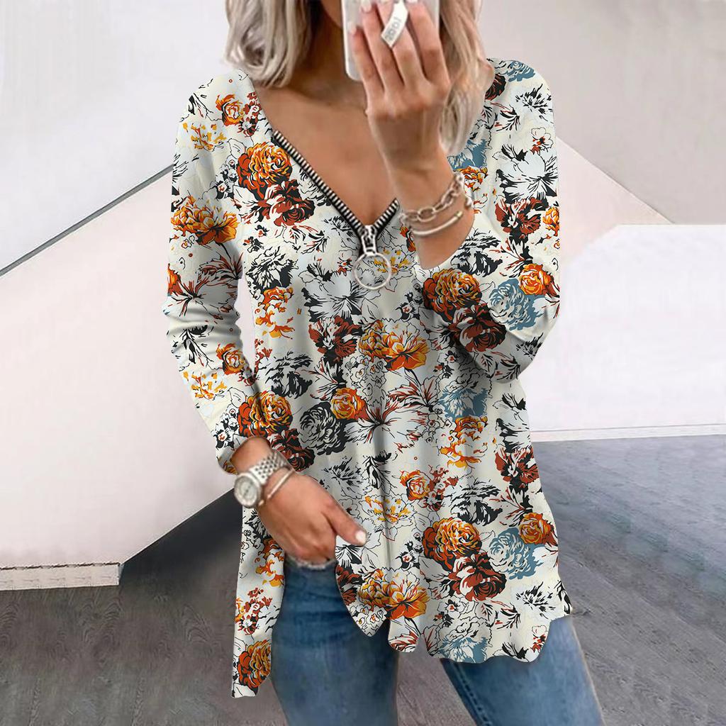 Damskie jesienne kwiatowe pomarańczowe róże drukowane długie rękawy T-shirty luźny dekolt w serek plus rozmiar T-shirty wygodne bluzki