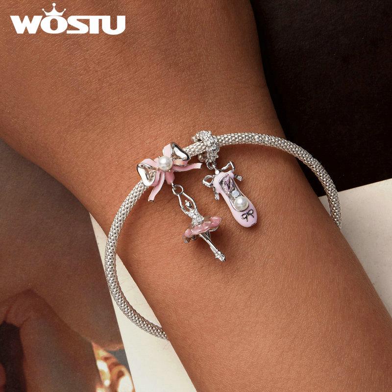 WOSTU 925 Silver Princess Pink Bear Bead Ballet Girl Charm Shoe Bow Pendant Saftey Chain Fit Bracelet Neckalce DIY Gift