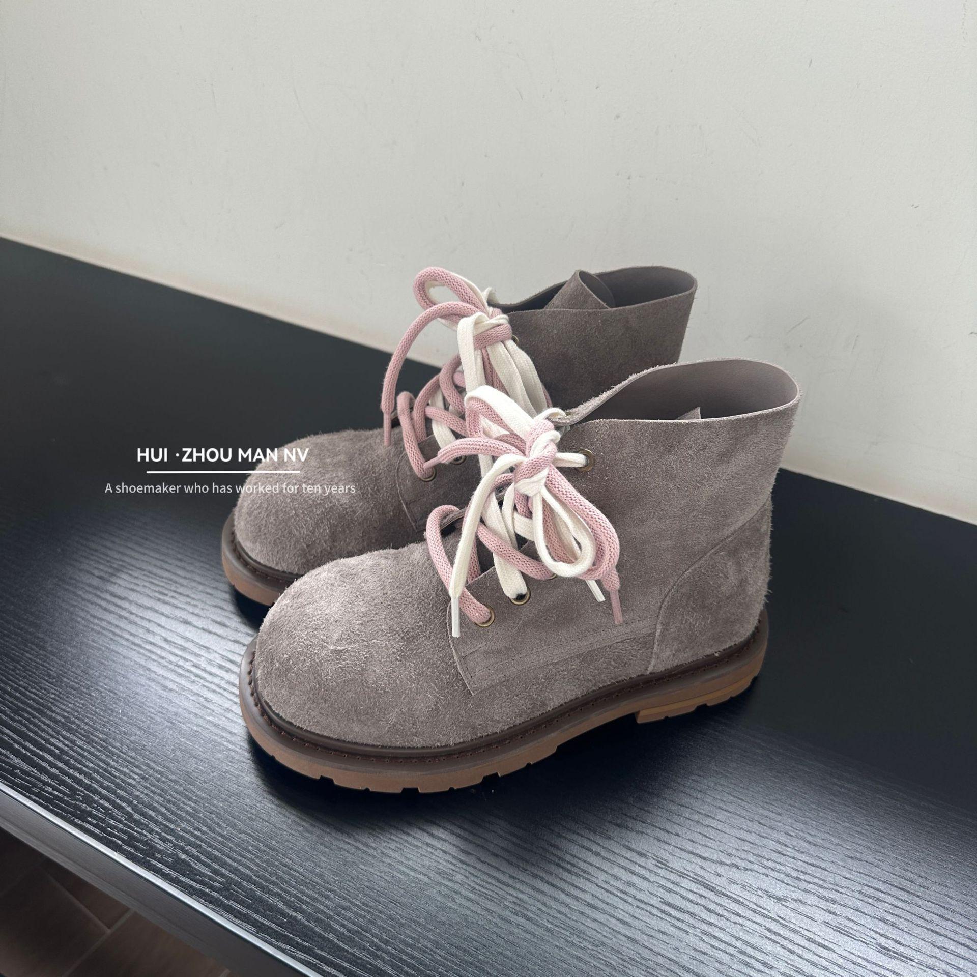 

Cowhide boots thick-soled Maillard height increase 4cm fashionable large round head contrasting color double shoelaces short Martin boots women s aut 40