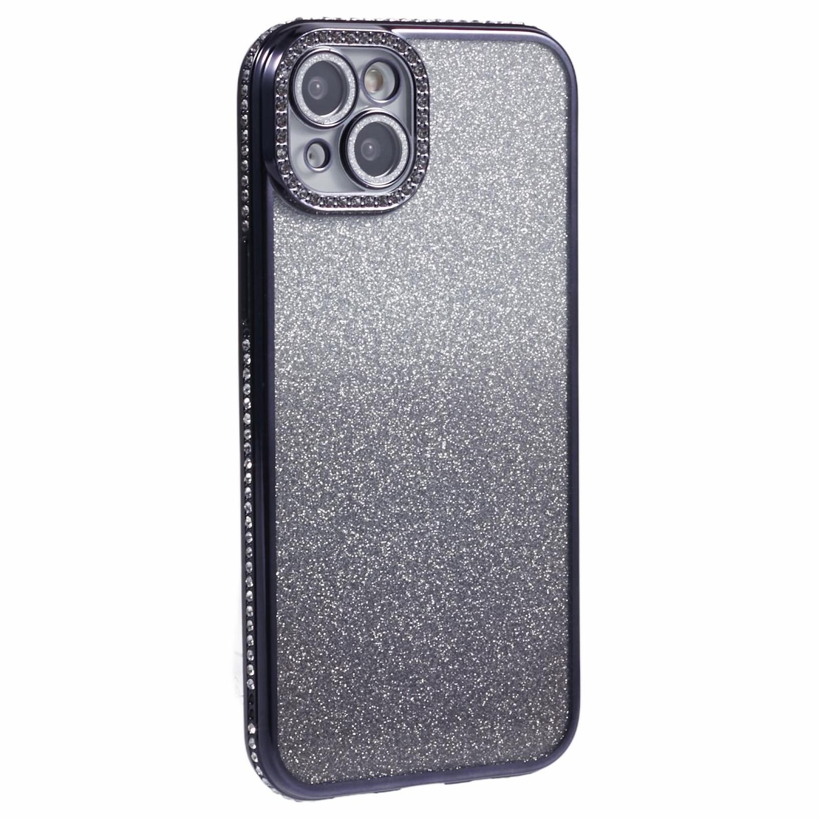 

For iPhone 15 Case Camera Lens Guard Clear Phone Back Cover Rhinestone Decor With Glitter Paper Gradient Black