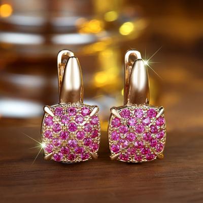 Orecchini pendenti quadrati con zircone rosso rosa per signore Gioielli da regalo di lusso color oro per feste di matrimonio