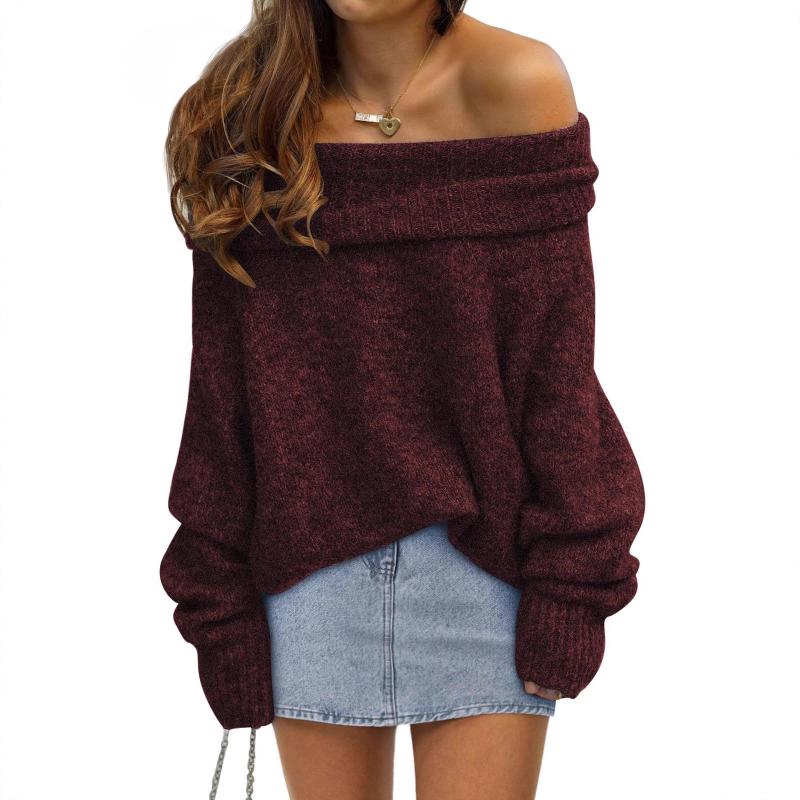 New Autumn and Winter Loose Bat Sleeve Solid Color Pullover Off-shoulder Casual Knitted Sweater for Women