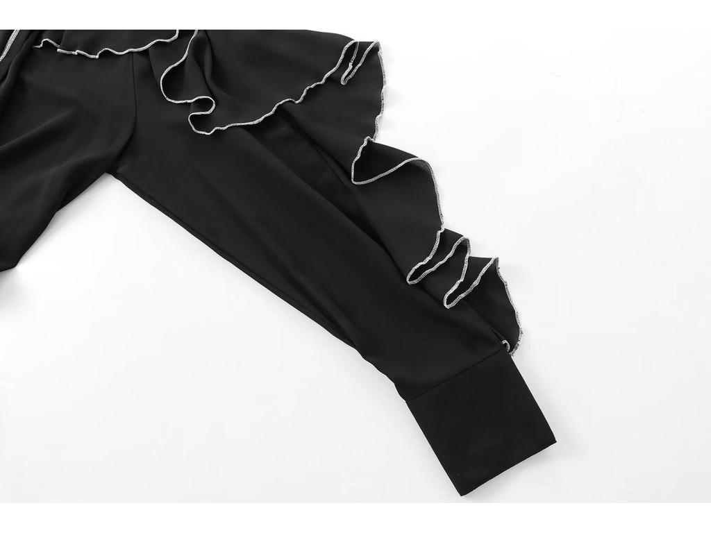 European and American Women's Autumn 2024 Layered Lace-Up Color Block Shirt