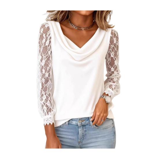

Women T-shirt Swing Collar Lace Splicing Long Sleeve Pullover Tops Pure Color Anti-Wrinkle Breathable Tee Tops S белый