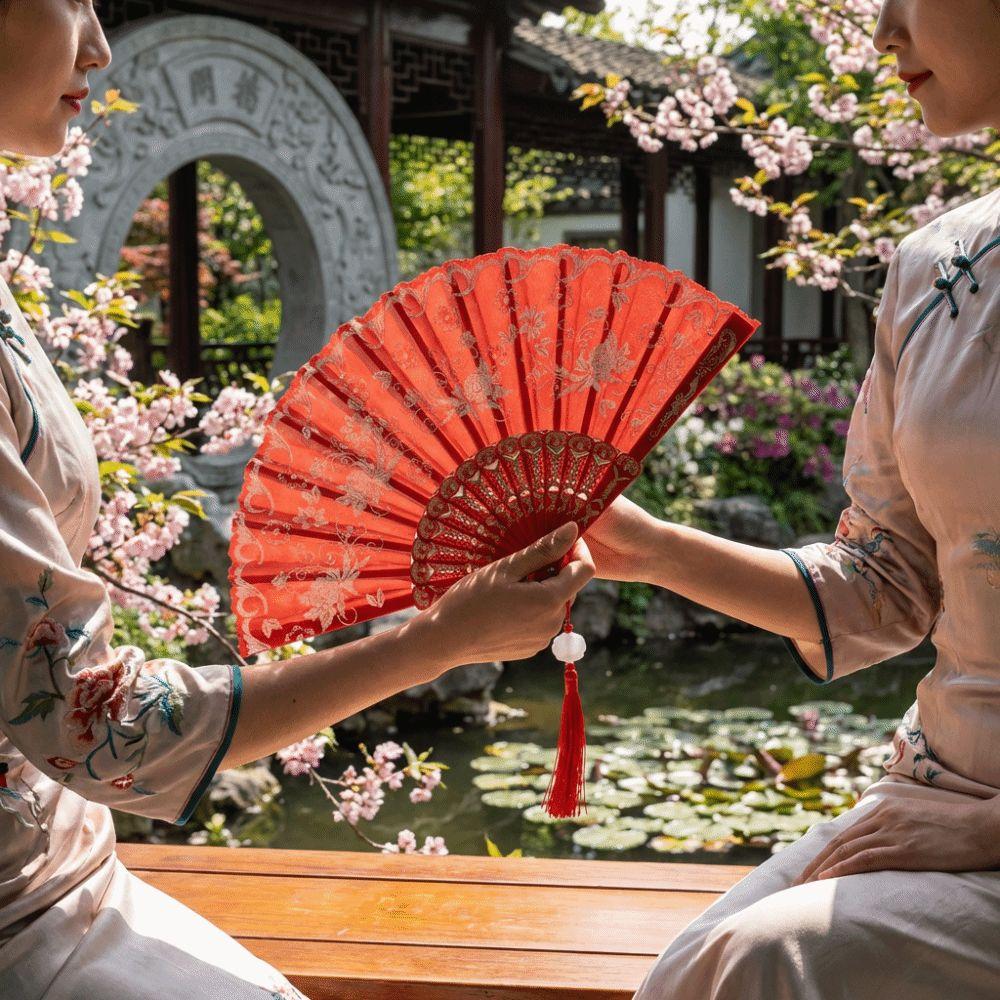 Vintage Style Silk Hand Fan with Tassel Dance Fan Portable Folding Fan Wedding Party