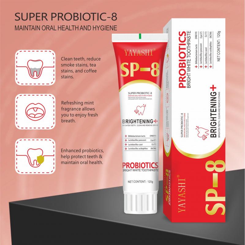 SP-8 Probiotic Whitening Toothpaste - 120g: Stain Removal, Improves Yellow Teeth, Fresh Breath