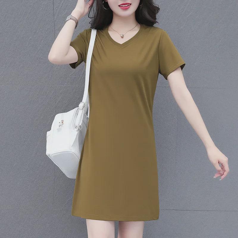Mid-length 2024 Summer T-Shirt Dress - Loose, Slim, Round Neck, Age-Defying, Short-Sleeved Trend for Middle-Aged Women