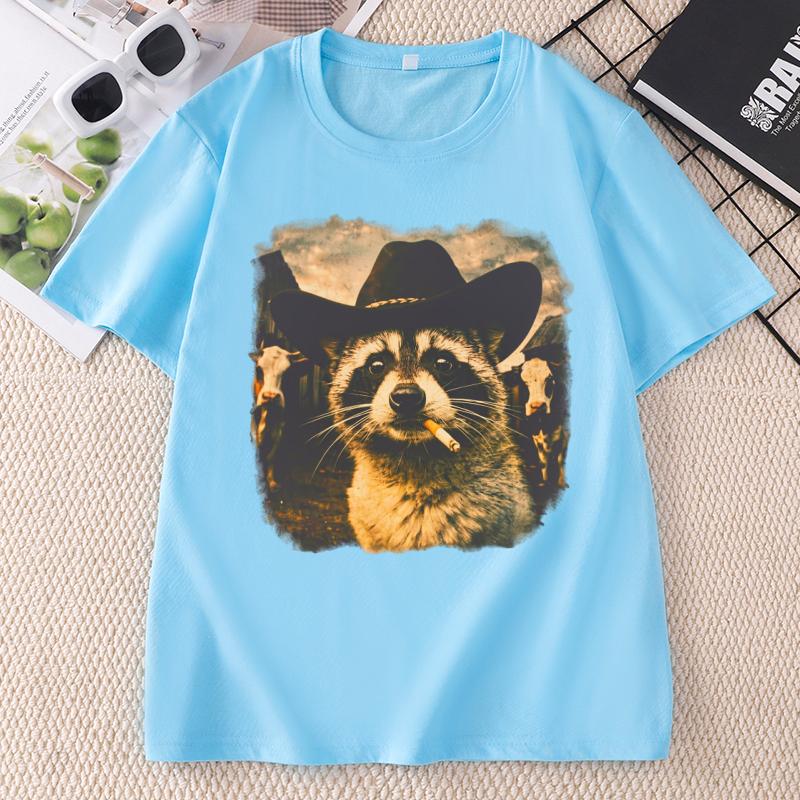 Funny Cowboy Raccoon TShirt Animal Meme Graphic Tee Vintage Comfortable Cotton Short Sleeve Loose Tees Streetwear