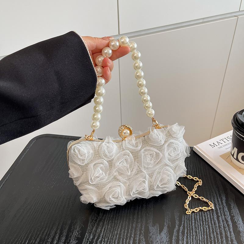 Wedding Evening Clutch Romantic Metal Chain Crossbody Bag Pearl Handle Clutch Elegant Lace Flower Evening Bag For Wedding