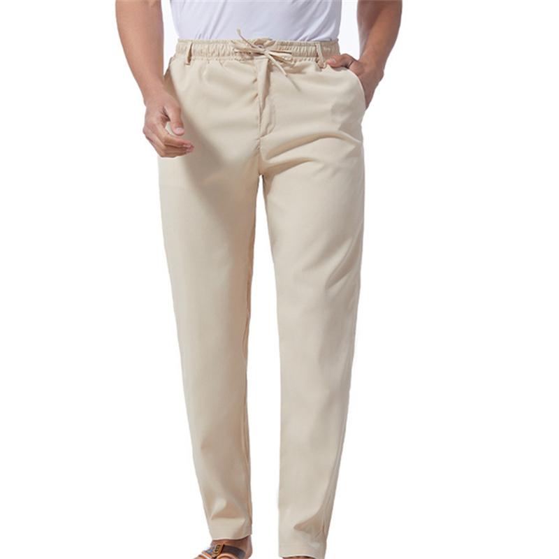 

Мужские однотонные хлопковые льняные брюки, свободные повседневные легкие брюки с эластичной резинкой на талии, мужские брюки с карманами L бежевый