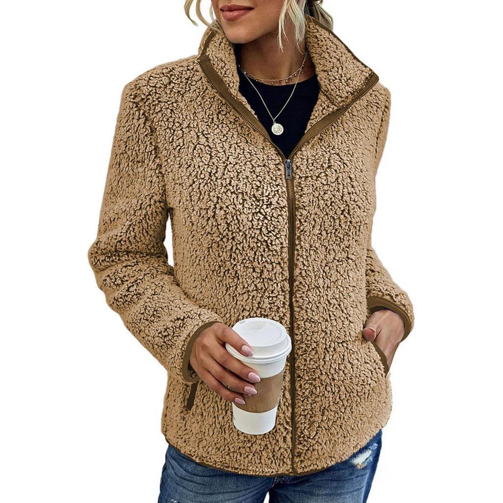 Women Solid Fleece Jackets Casual Stand Collar Coat Fashion Female Long Sleeve Zipper Outerwear Autumn Winter Lady Clothes