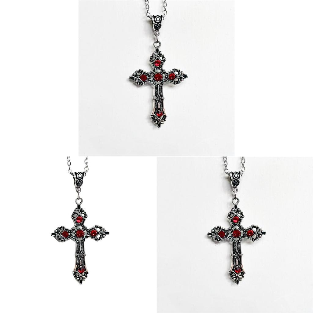 Gothic Black And Red Gemstone Cross Pendant Necklace With Alloy Chain For Men Women