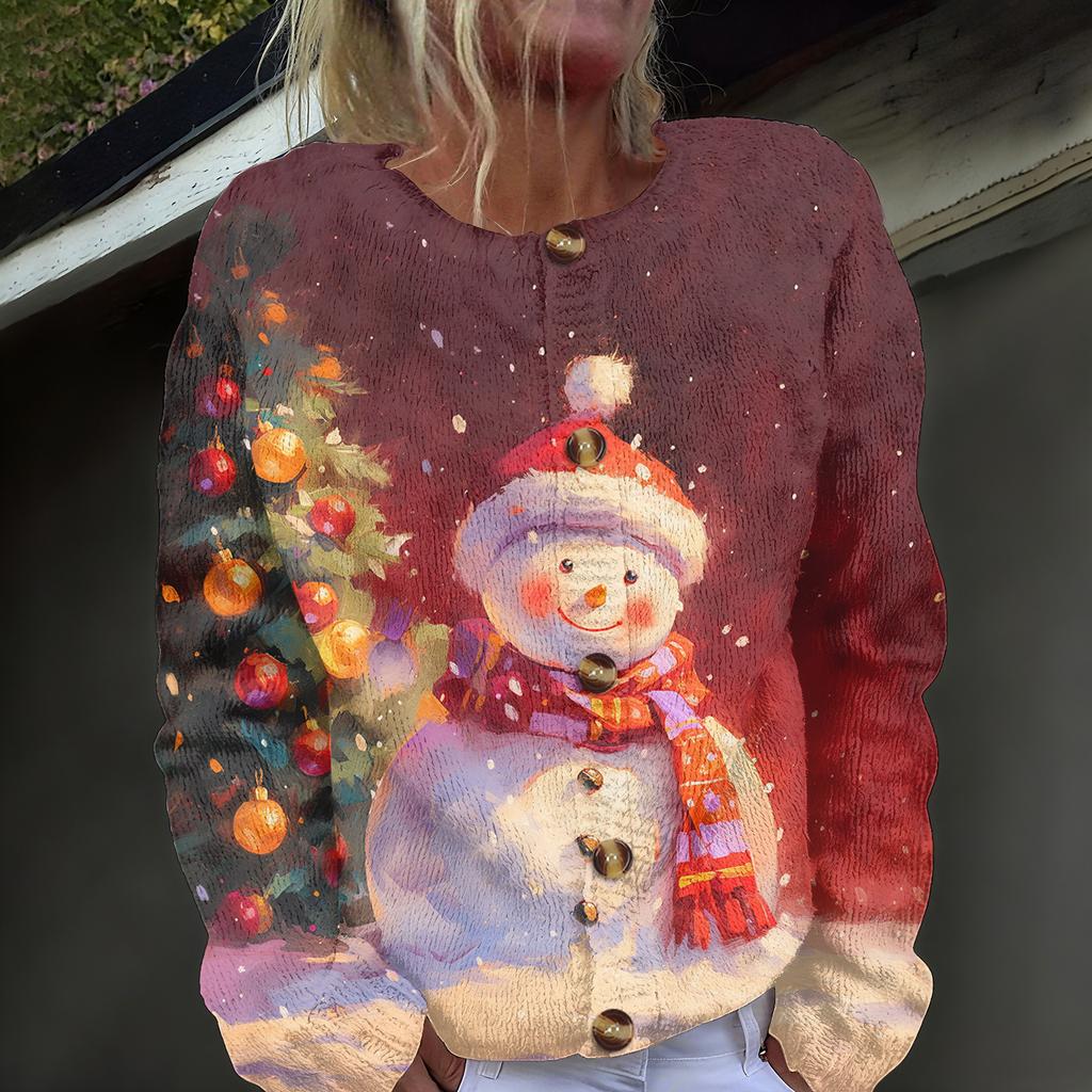 Women's Fashion Christmas Printed Long Sleeve Knitted Cardigan Button Down Jacket