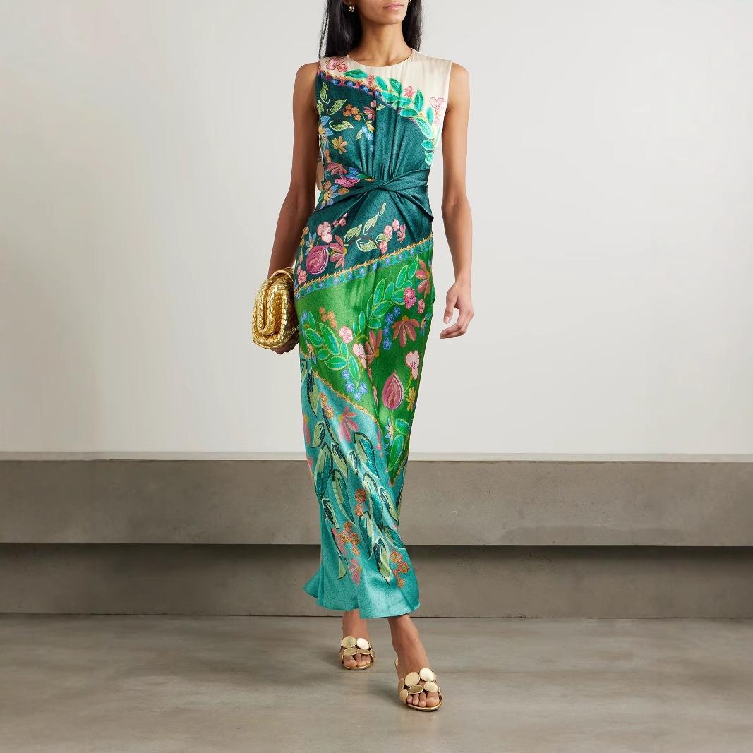 New European And American Summer Casual Sleeveless Positioning Printed Satin Kinked Dress Women S