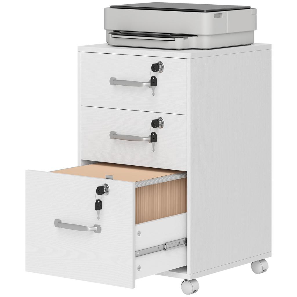 Mobile Office Pedestal, 3 Lockable Drawers, Storage Unit on Wheels, 40 x 40 x 69.5 cm, White