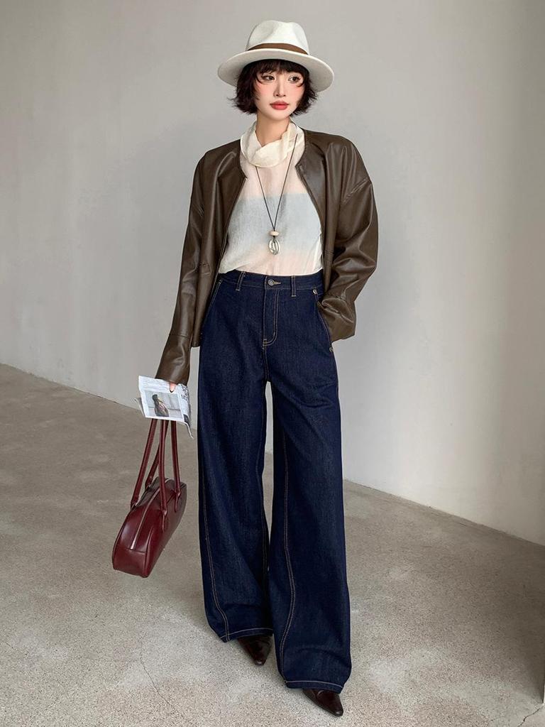 Women's Dark Blue High Waist Wide Leg Jeans - Retro Washed Floor-Length Cotton Pants for Autumn