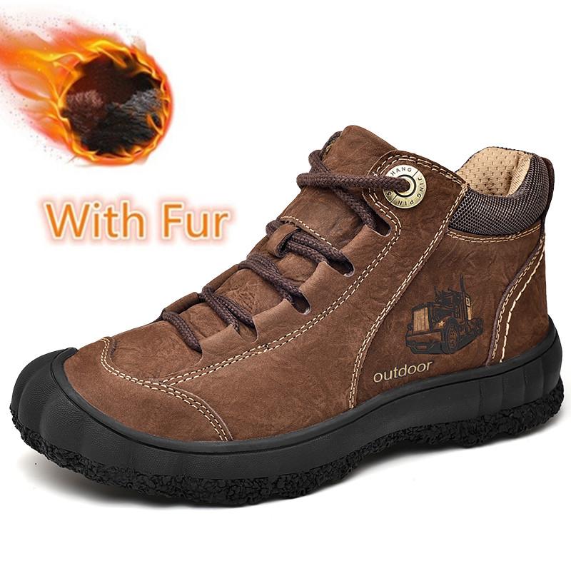 Winter Men Shoes Warm Plush Handmade Sewing Non-Slip Outdoor Men's Boots Fashion Men Ankle Hiking Shoes High Quality Sneakers