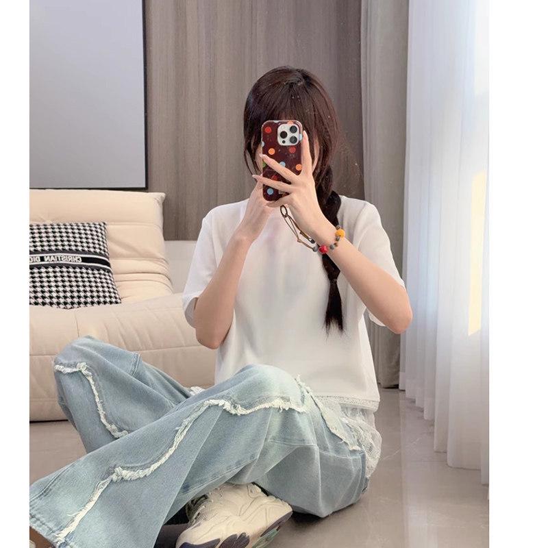 European-Style Black Lace Patchwork Short Sleeve T-Shirt for Women 4XL