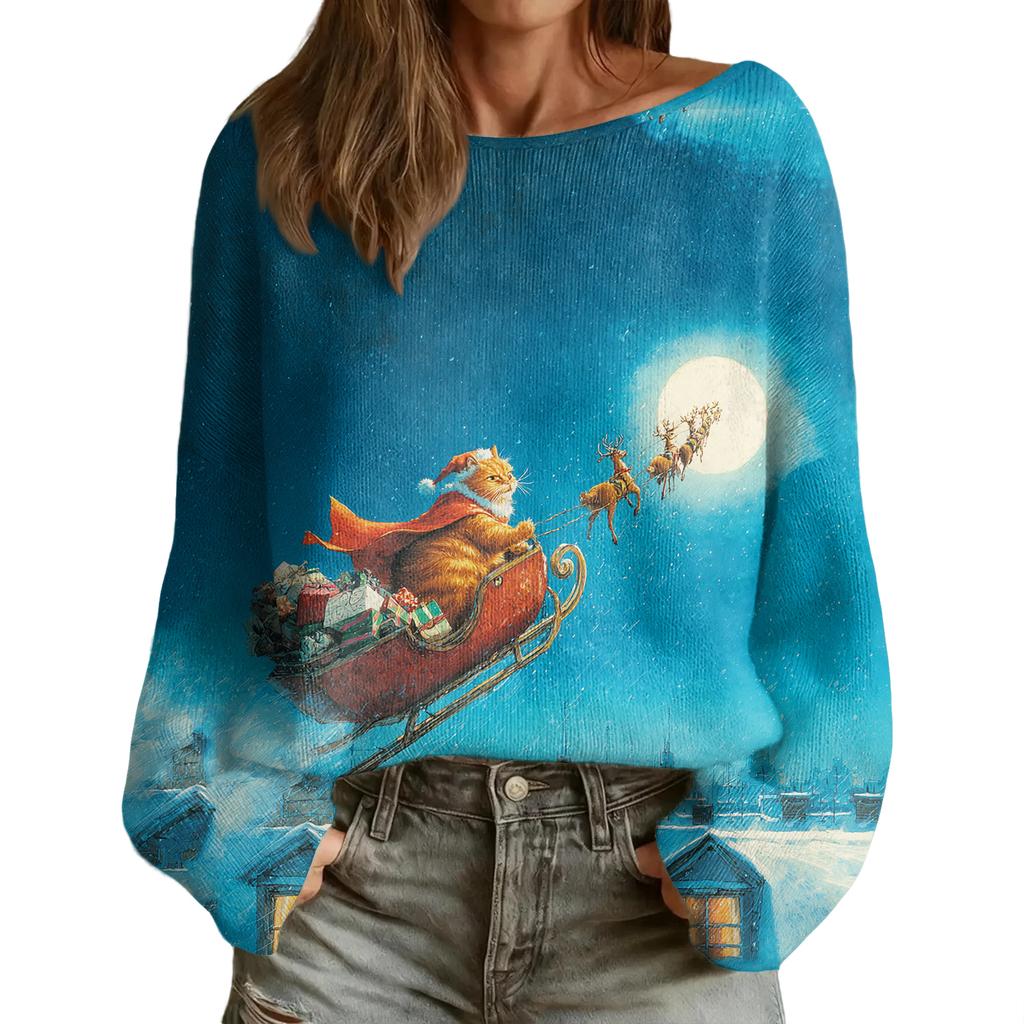 Maglia da donna alla moda a girocollo a maniche lunghe con stampa natalizia casual