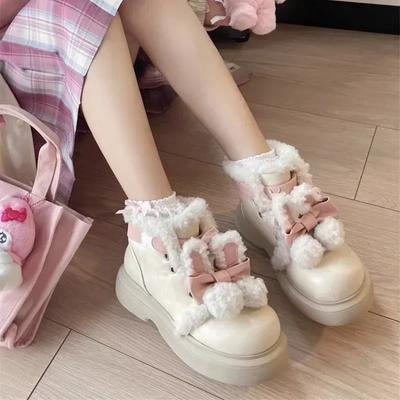 Mode Pluizige Dameslaarzen 2024 Nieuwe Winter Pluche Warme Lolita Damesschoenen Zoete Leuke Meisjes Plateauschoenen Waterdichte Antislip Sneeuwlaarzen