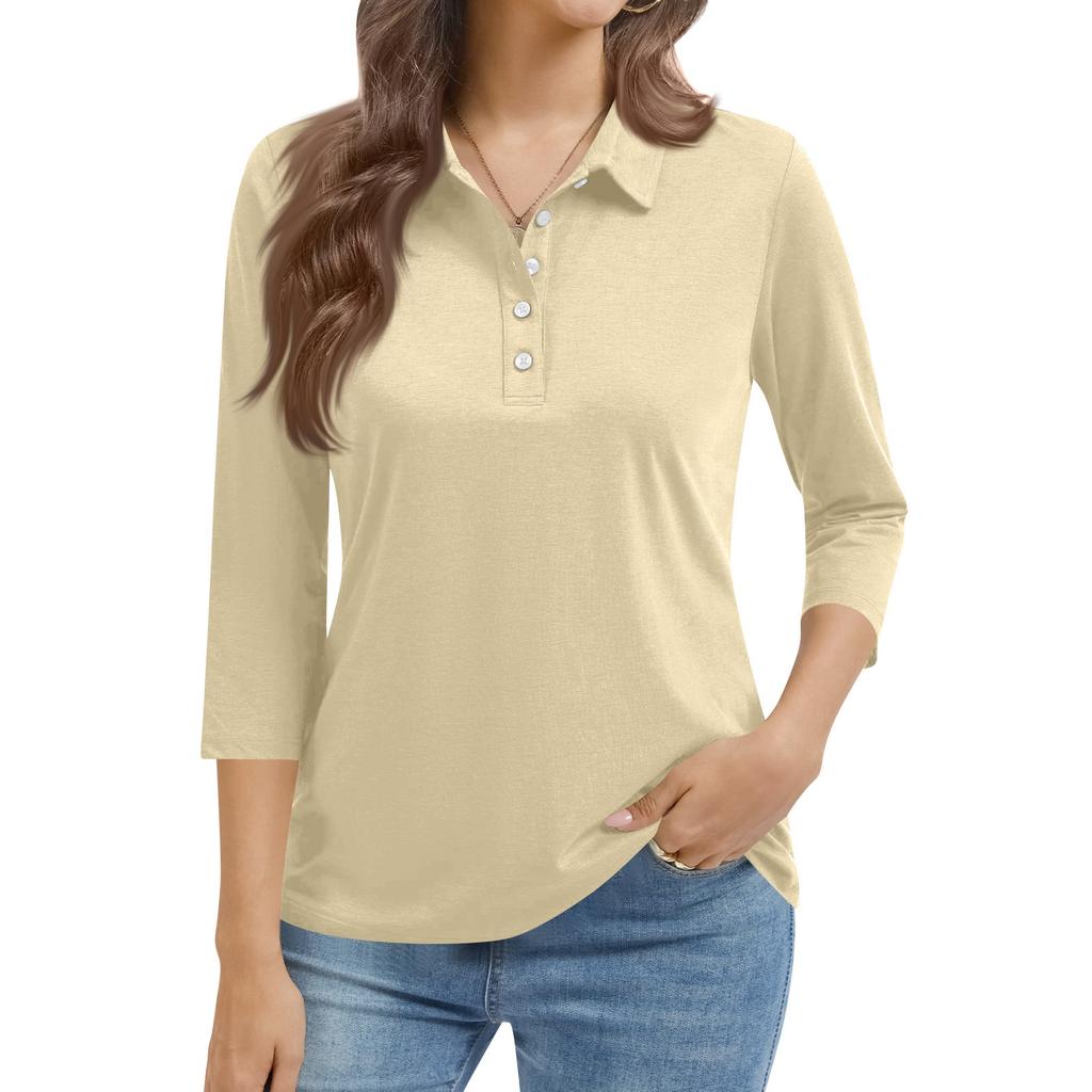 Women's Fashion Casual Lapel Short 3/4 Sleeve Color Shirt Women's Button Up Tops