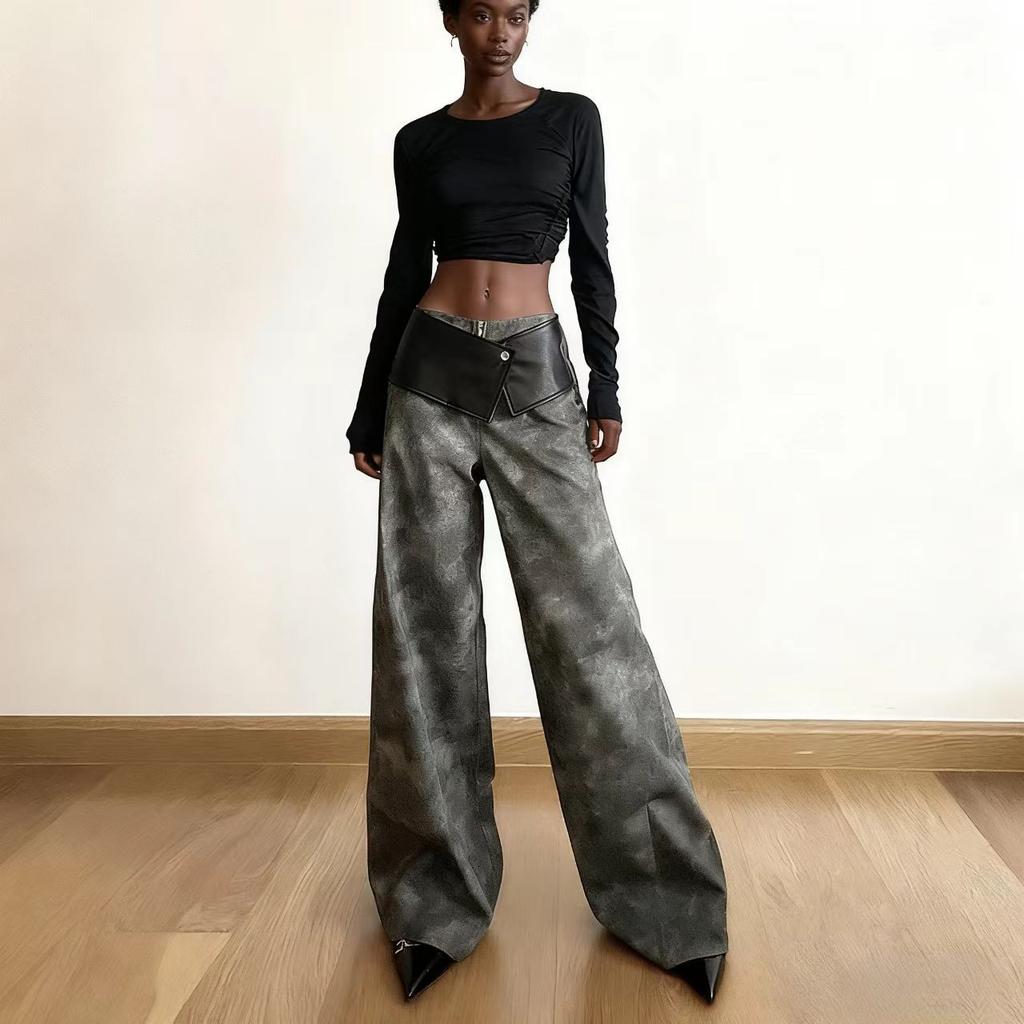 Functional wind cool girl retro tie-dye loose casual pants women's PU leather high waist thin straight pants tide