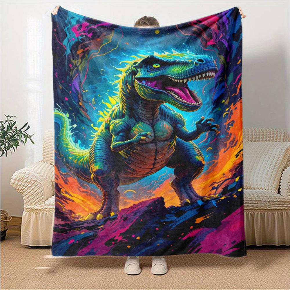 Neon Colorful T‑Rex Dinosaur Fantasy Art Print Flannel Blanket Soft Warm Throw Blanket for Sofa Bed Living Room