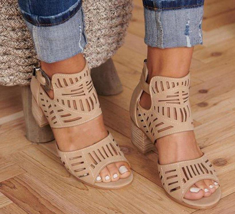 Large Size Sandals Women's Rhinestone Block Heel High Heel Buckle Fish Mouth Wholesale Fish Mouth Design