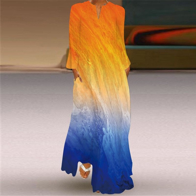 New Chinese Style Chinese Style Skirt Elegant Sexy Long Sleeves 3D Print Long Skirt Loose Plus Size Women's Clothing Long Dress