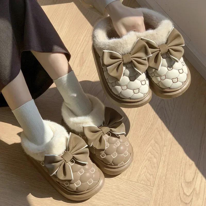 Winter Women Snow Boots Cute Bow Cotton Shoes Waterproof Down Ankle Boots Home Comfort Thick Soled Plush Boots Cotton Slippers
