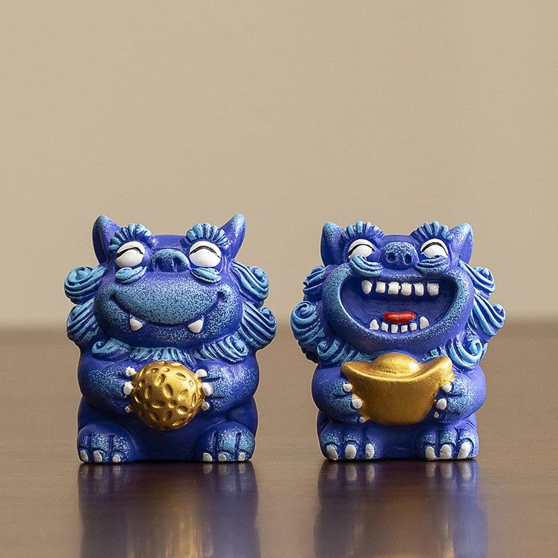 A Pair Lucky Stone Lion Statuette Bluestone Carving Chinese Mascot Home Room Office Potted Fish Tank Ornaments High Quality Gift