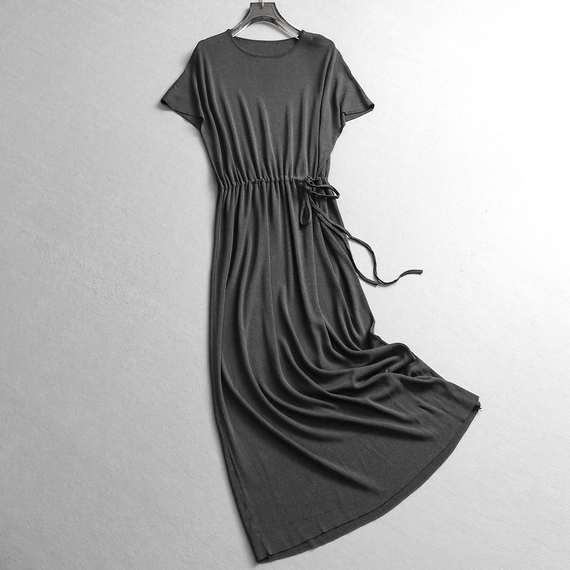 

Solid Drawstring Waist Hugging Lace-up round Neck Ice Feeling Skin-friendly Knitted Long dress Summer New Short sleeve Women s Dress Z844 Gray One size