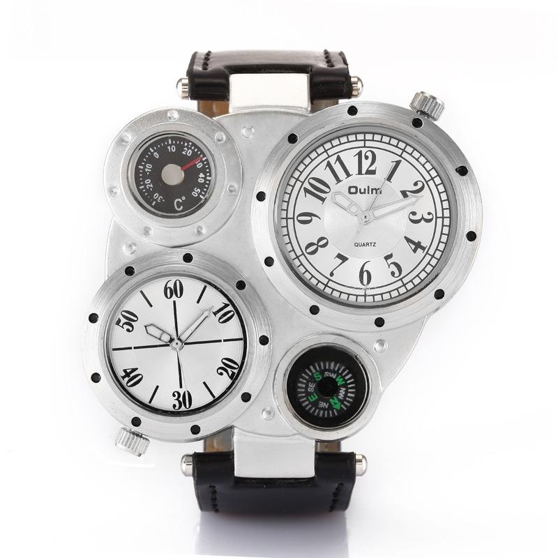 Locomotive Men's Large Dial Dual Movement Dual Time Zone Compass Thermometer Quartz Watch