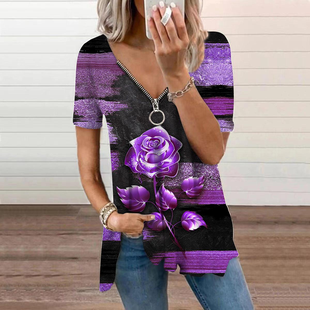 

Женский топ, летний новый модный повседневный топ с фиолетовым розовым принтом и v-образным вырезом на молнии и короткими рукавами 8XL светло-фиолетовый