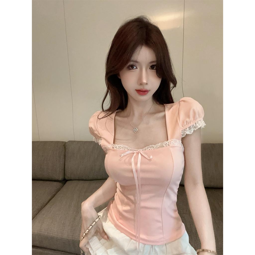 Summer wind lace square neck short sleeve slim and thin sweet T-shirt women's short sweet and spicy small top fashion