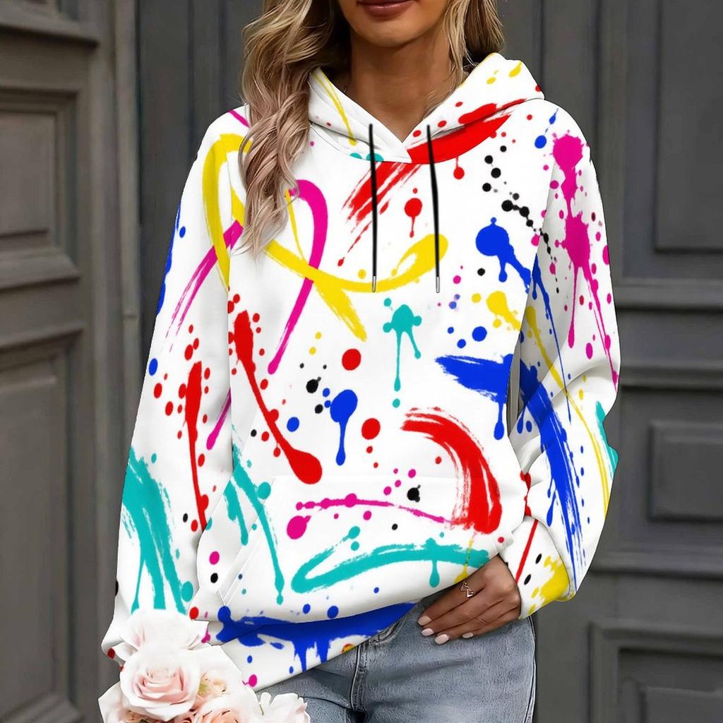 Women Plus Size Colorful Paint Splash Print Long Sleeve Drawstring Hoodie With Kangaroo Pocket