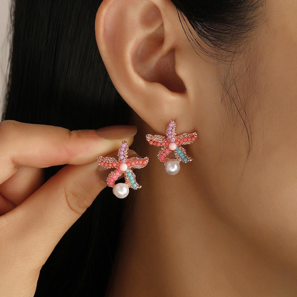 18K Gold Plated Starfish Shell Pearl Conch Stud Earrings Waterproof Ocean Vacation Style Jewelry for Women