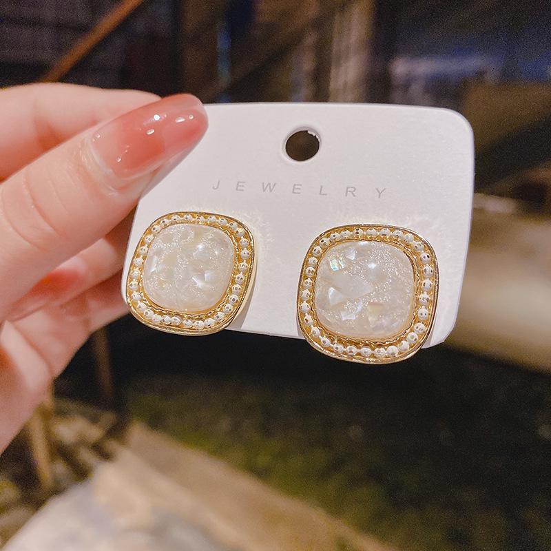 Korean Japanese Style S925 Sterling Silver Geometric Square Earrings with Irregular Shell Fragments for Women