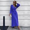 Women V Neck Long Sleeve Pleated A Line Solid Color Lace Up High Waist All Match Dresses S-XXL