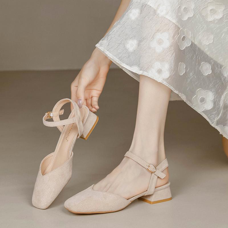 Fashion suede leather low heel sandals women square toe back strap gladiator sandalias mujer cutout summer shoes woman slingback mules