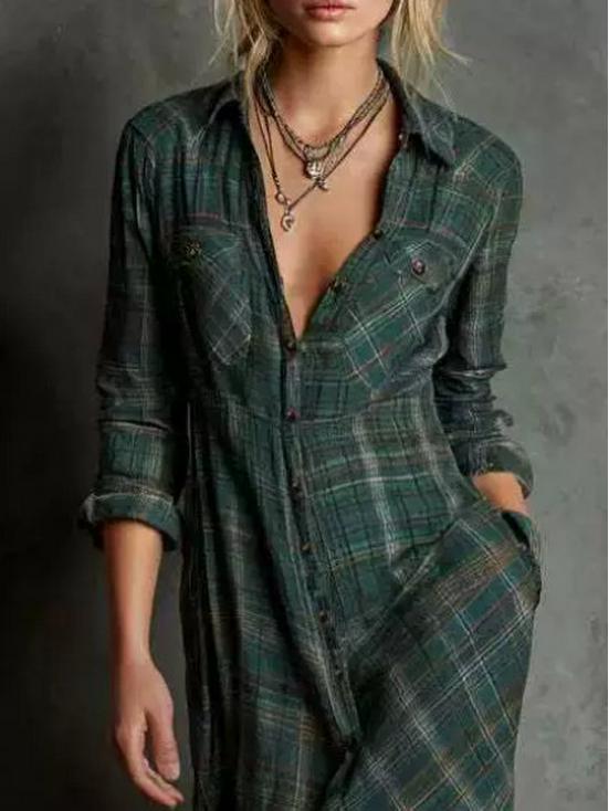 2025 European Double-Sided Print Long Sleeve Plaid Dress S оливковое зеленый