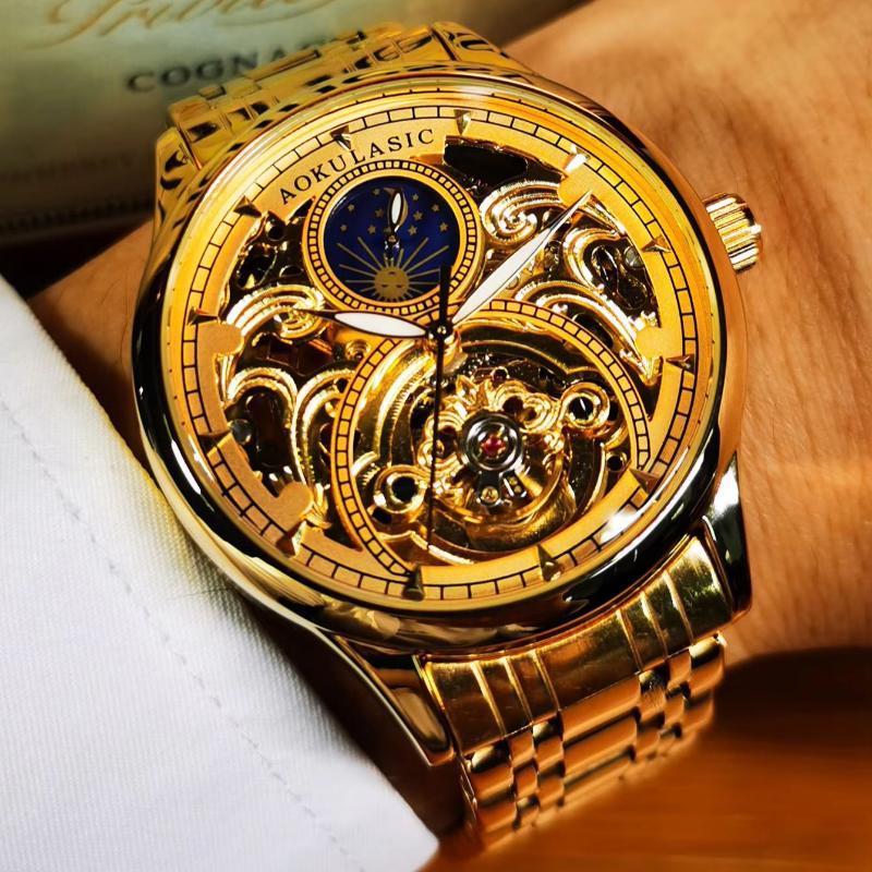 Royal Gold Skeleton Automatic Watch for Men Luxury Tourbillon Mechanical Watches Stainless Steel Strap Luminous Clock