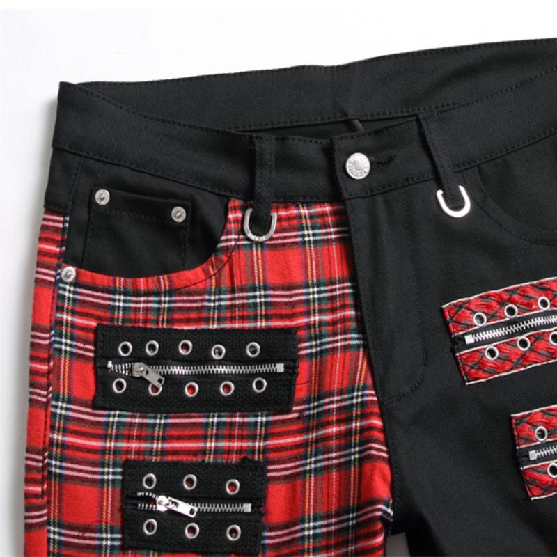 Nuova Moda Rosso Scozzese Patchwork Punk Cerniera Uomo Jeans Pantaloni Matita Y2K Fibbia Hip Hop Gotico Slim Denim Pantaloni Pantaloni Uomo