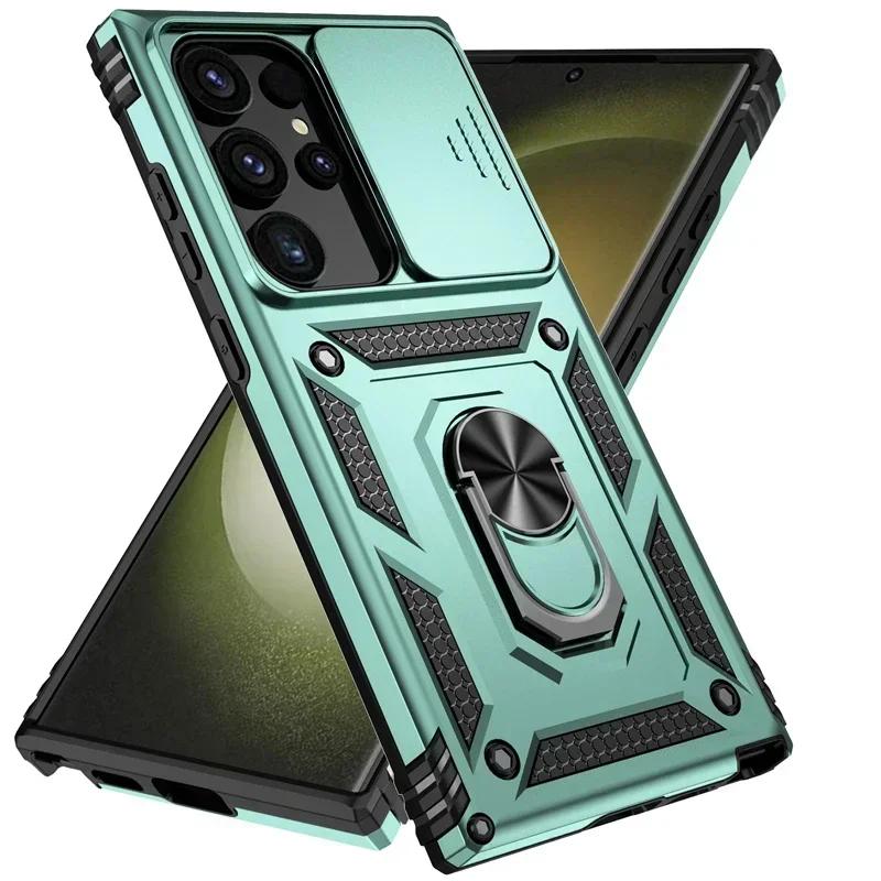 Slide Camera Lens Military Grade Armor Case For Samsung Galaxy S25 Ultra Plus S24FE A16 A06 A26 A36 A56 Holder Ring Stand Cover