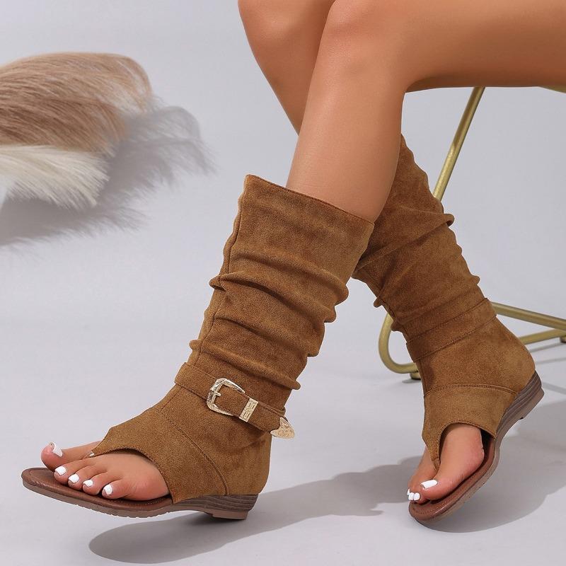 2025 Summer New Sandals Round Toe Clip Toe Flat Inside Increasing Suede Soft Sole Non-slip Stack Boots