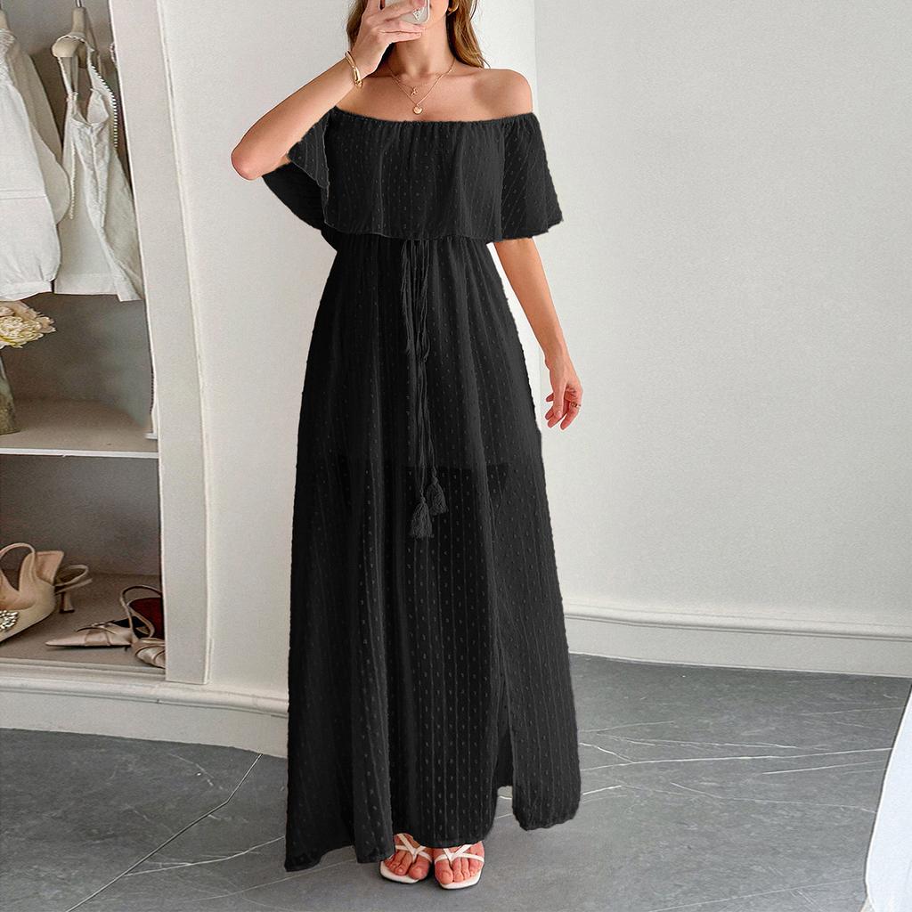 Women Off Shoulder Bohemian Maxi Dress Short Sleeve Solid Color Casual Loose Fit Long Dress with Slit for Summer Beachwear