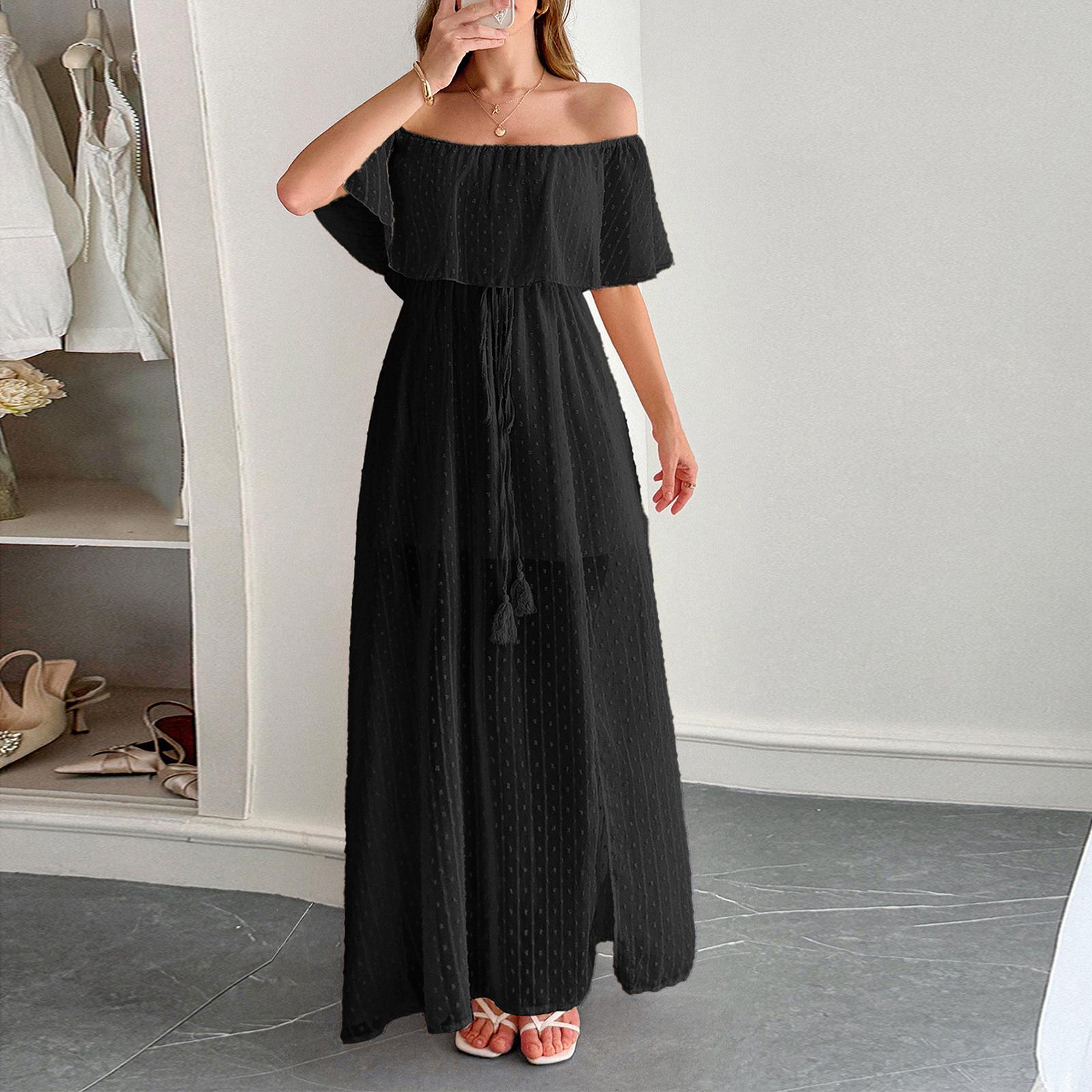 Women s Bohemian Off-Shoulder Color Short Sleeve Dress - Sexy Elegant Summer Midi Dress for Beach or Party - Boho L