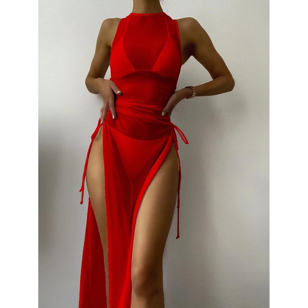 2023 Swimsuit Women's Split Three-point Solid Mesh Three-piece Bikini